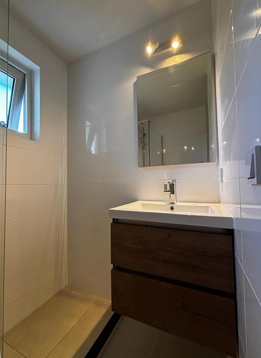 Badkamer met donker houten wastafelmeubel, spiegelkast en glazen douchewand in Sint Nicolaasga